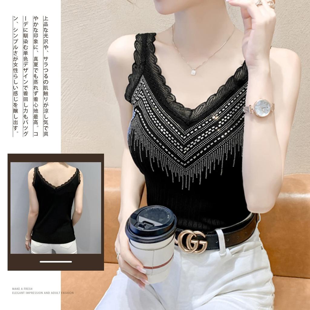 Camisole Lace Tank Top with Padded Everyday Summer [xppe] Women's Top, Eye-Catching V-Neck, Sparkly, Elegant, Stylish, Cool, Feminine, White, Black,
