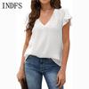 INDFS Женская мода Повседневная Летняя Весна Однотонный Принт Короткие Рукава V-образный Вырез Блузки и Рубашки