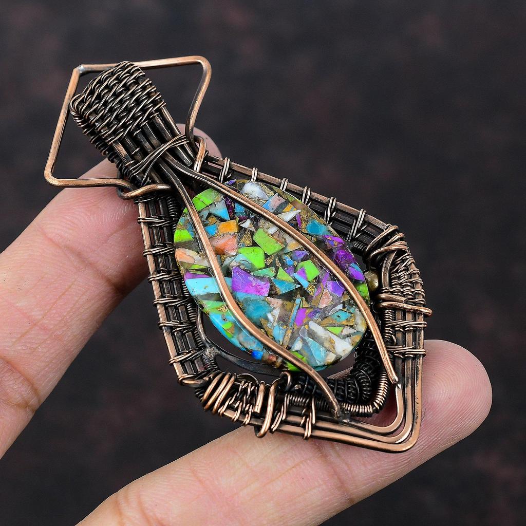 Fiesta Kingman Turquoise Pendant Copper Wire Wrapped Gemstone Pendant Handmade Copper Jewelry Engagement Gift Multi Copper Turquoise Pendant