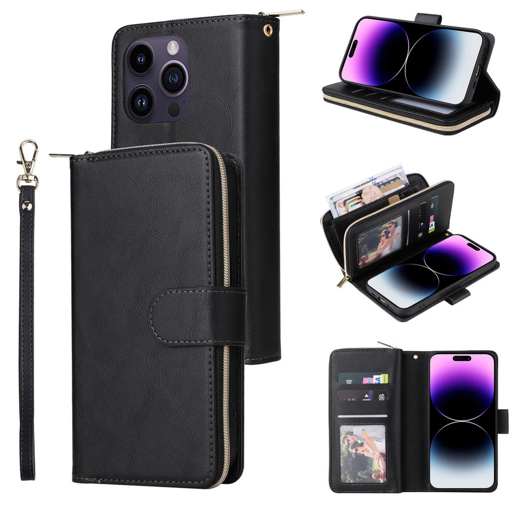 For iPhone 15 Pro Cases 9 Card Slots PU Leather Wallet Zippered Phone Stand Cover