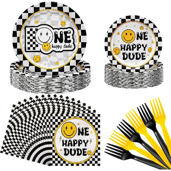 Umigy 96 Pcs One Happy Dude Birthday Party Decorations One Happy Dude Tableware Smile Face Party Supplies for 24 Guests Smile Plates Cups Napkins