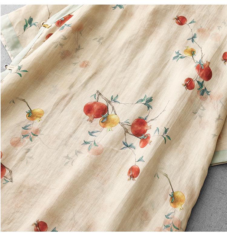 Blue Pomegranate Print Cotton Linen Tea Dress with Frog Buttons