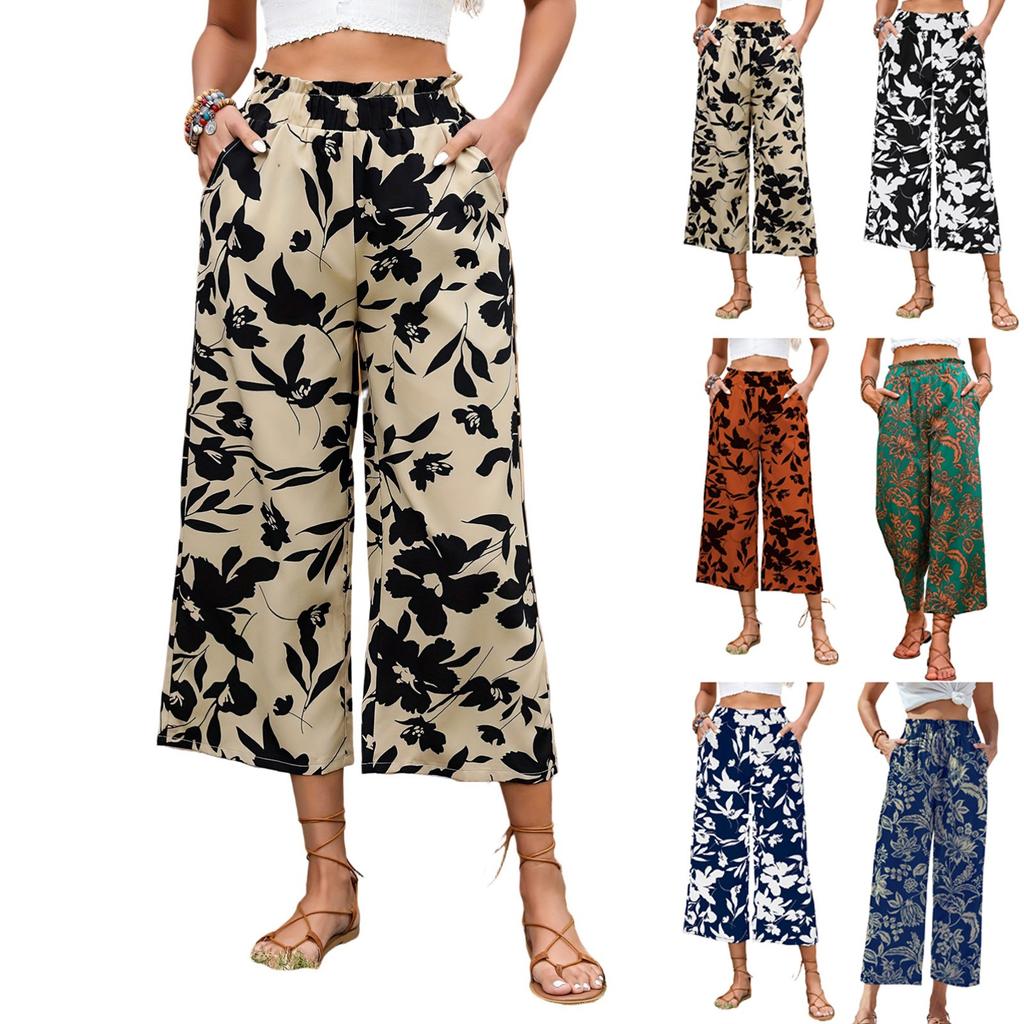 Women's Fashionable Floral Print Pants With Elastic Waist And Wide Legs Casual  Pants