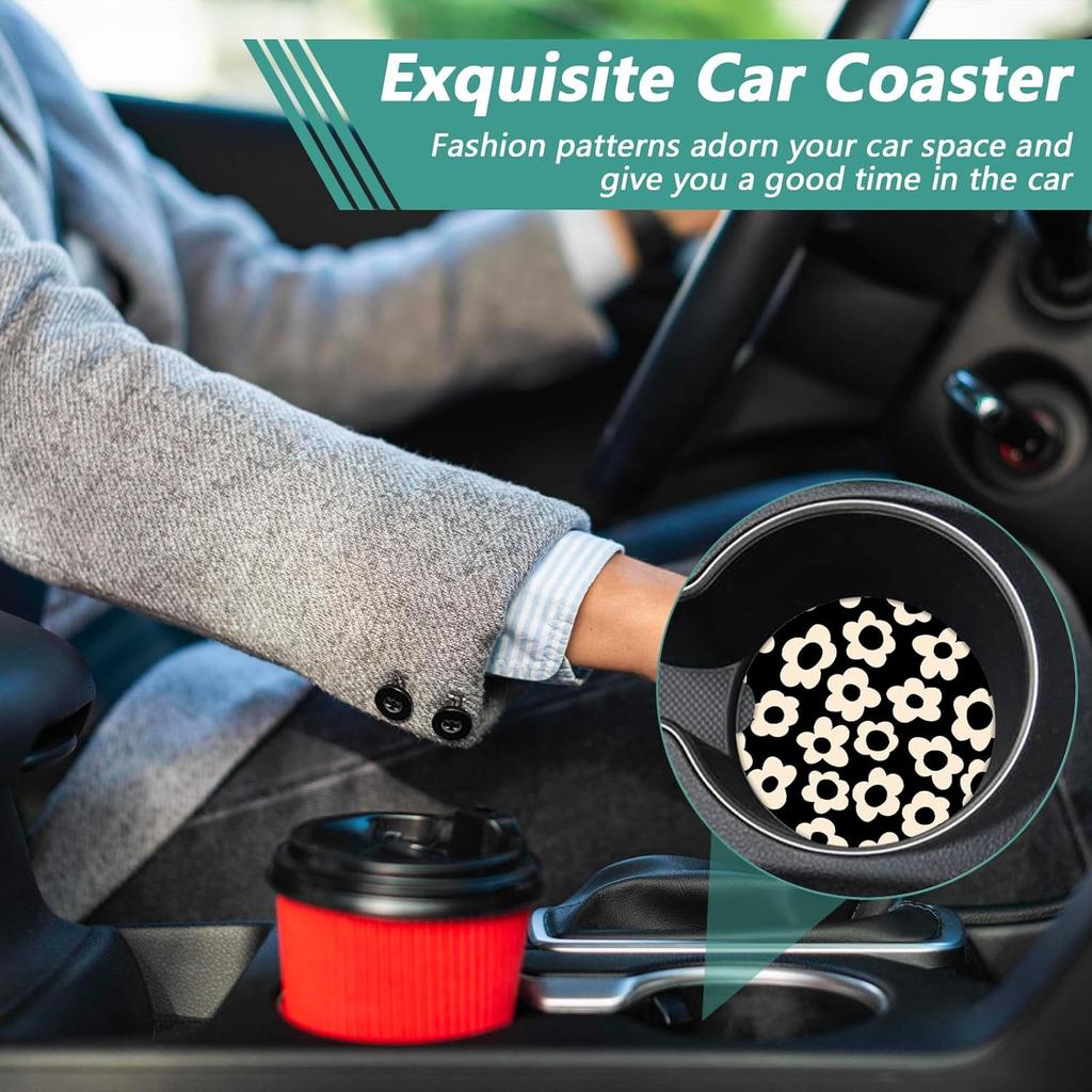 2 Pack Car Cup Holder Coasters - Vintage Groovy Daisy Flower Absorbent Ceramic Coaster, Car Coasters for Cup Holders, Car Interior Accessories for