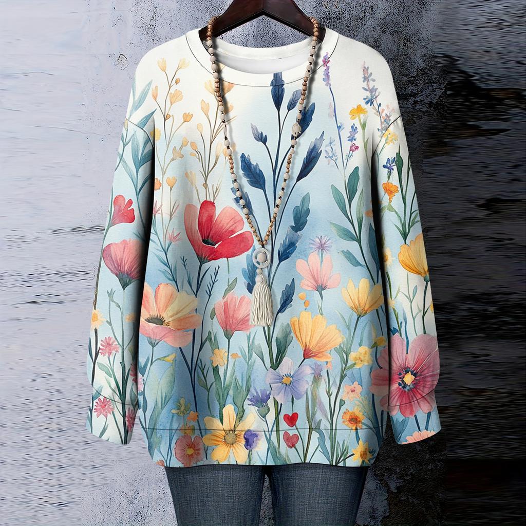 Женская футболка с цветочным принтом, круглым вырезом и длинными рукавами, свитшот
