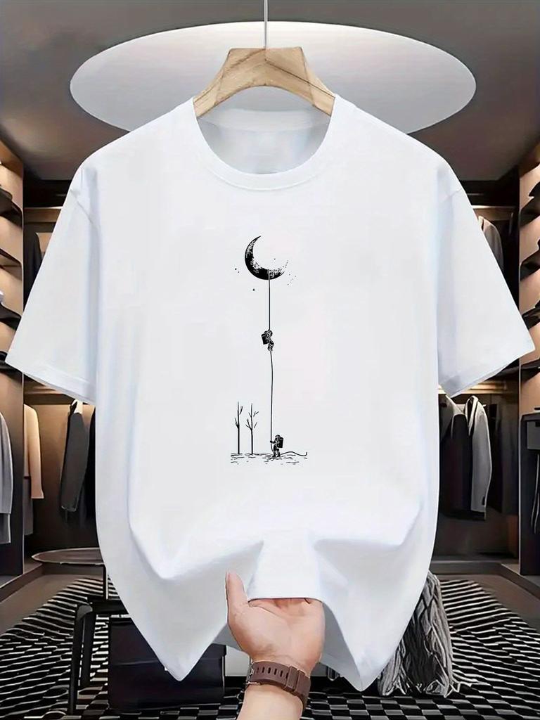 Summer Mens 100 Pure Cotton Casual Loose Fit Plus Size Moon Landing Pattern Printed Round Neck Short Sleeved Tshirt Top