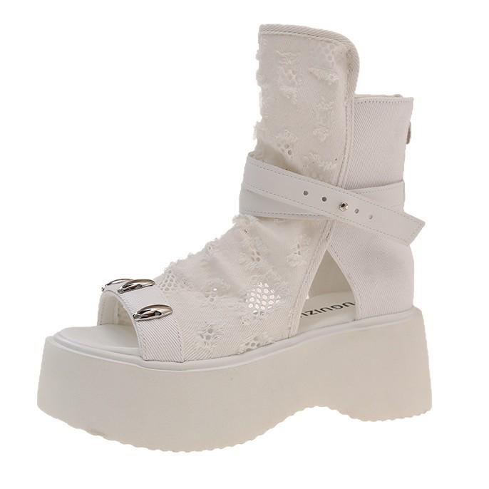 Премиальная толстая подошва сандалий, ремень с пряжкой, новые крутые ботинки с открытым носком 2025, юбка феи, женские ковбойские полусапожки