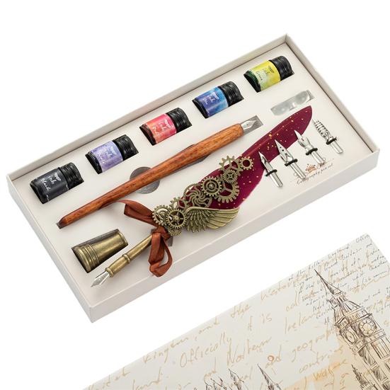 1 Set Useful Gear Decoration Exquisite Fadeless Comfortable Grip Feather Pen Kit for Office Quill