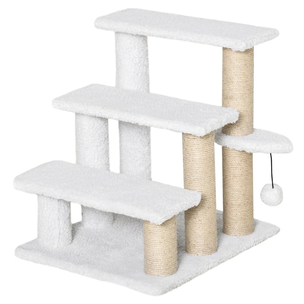 Pet Stair with 3-step Climb Ladder, Scratching Posts, Platforms, Toy Ball, for Indoor Elderly Cats Kittens, White