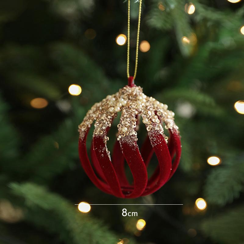 Red Flocking Christmas Ball Hanging Decorations Christmas Tree Ornaments Pendants New Year Christmas Shop Decorative Supplies