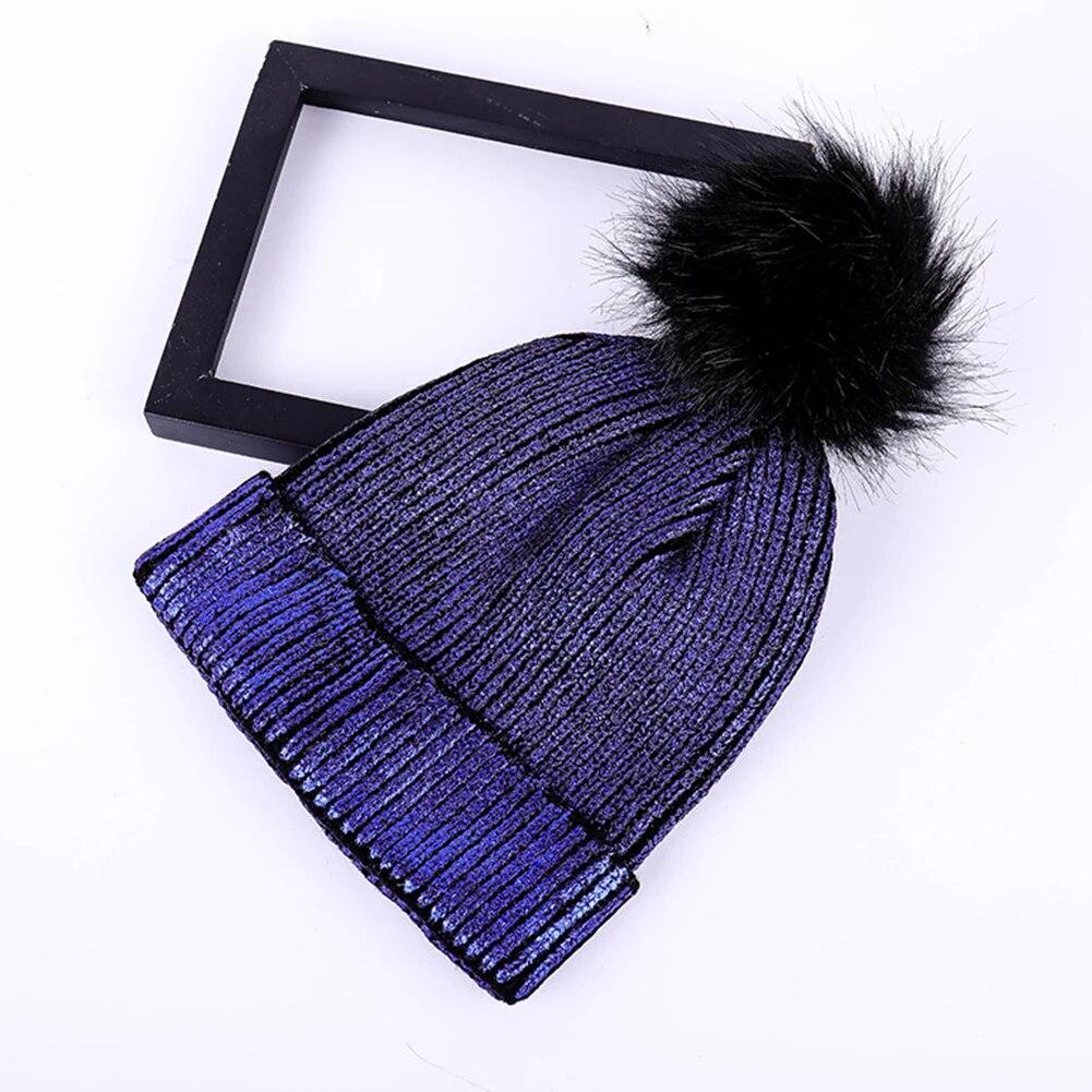 Hair Ball Warm Knitted Metallic Shiny Girl Autumn Winter Soft Crochet Cute Pompom Cap Beanie Windproof Solid Women Hats