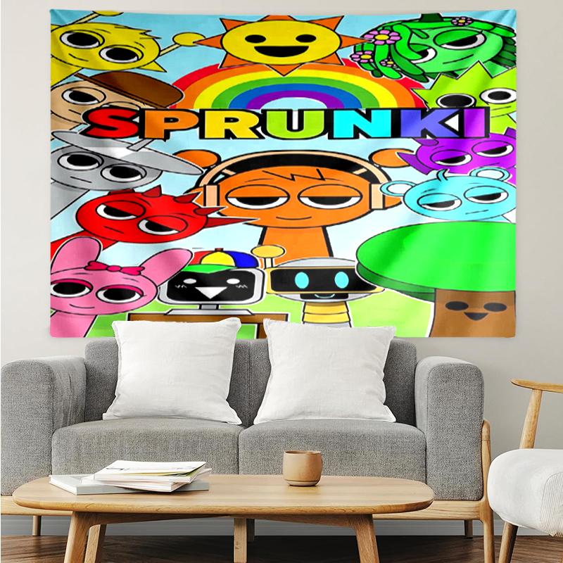 Sprunki Print Tapestry, Backdrop, Easy Setup, Ideal for Bedroom, Office & Living Room, with Aesthetic Wall Hanging Decor.