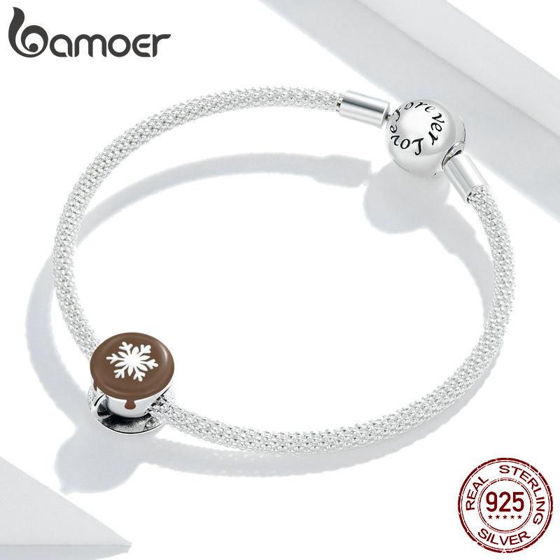 Подвеска на кофейную чашку Bamoer из натурального серебра 925 пробы подходит для оригинального браслета 3 мм, ароматный и вкусный зимний кофе - лучший подарок для вашего любовника
