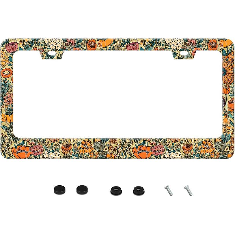 Beautiful Floral Print License Plate Frame Funny Stainless Steel Vintage Flower License Plate Frames Auto Parts Decoration With Screws License Plate