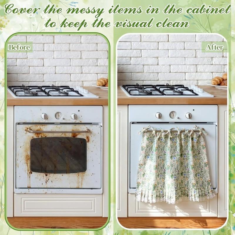Curtain Kitchen Cabinet Door Short Decorative Privacy Panel Green Floral Print 75x55cm Washable Light Filtering Dustproof