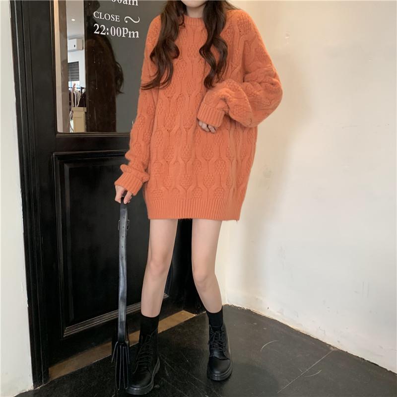 Пуловер-свитер, осенне-зимний новый свободный верхний наряд, свободный свитер средней длины с круглым вырезом, женский вязаный свитер, пальто