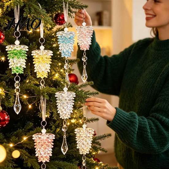 Christmas Garland Decor Acrylic Pine Cone Pendant with Faux Crystal Drop, Tree Elegant Hanging Xmas Baubles Ornaments, Transparent Gradient