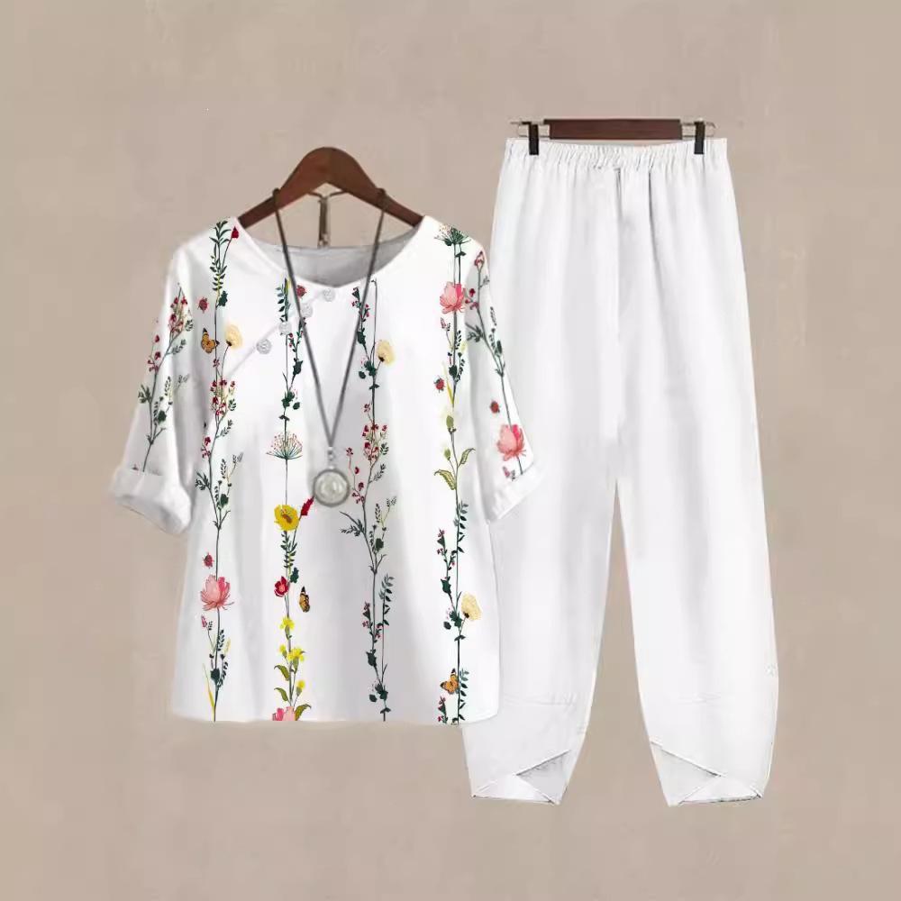 1116 New Women's Clothing Casual Crew Neck Five-Sleeve Top Digital Printing Women's Two-piece Set