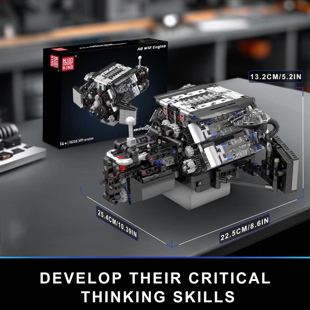 Mould King 10230 Модель двигателя W12, Модель-реплика двигателя бензинового автомобиля, STEM-игрушка для детей, взрослых, автолюбителей и коллекционеров (871 штука)