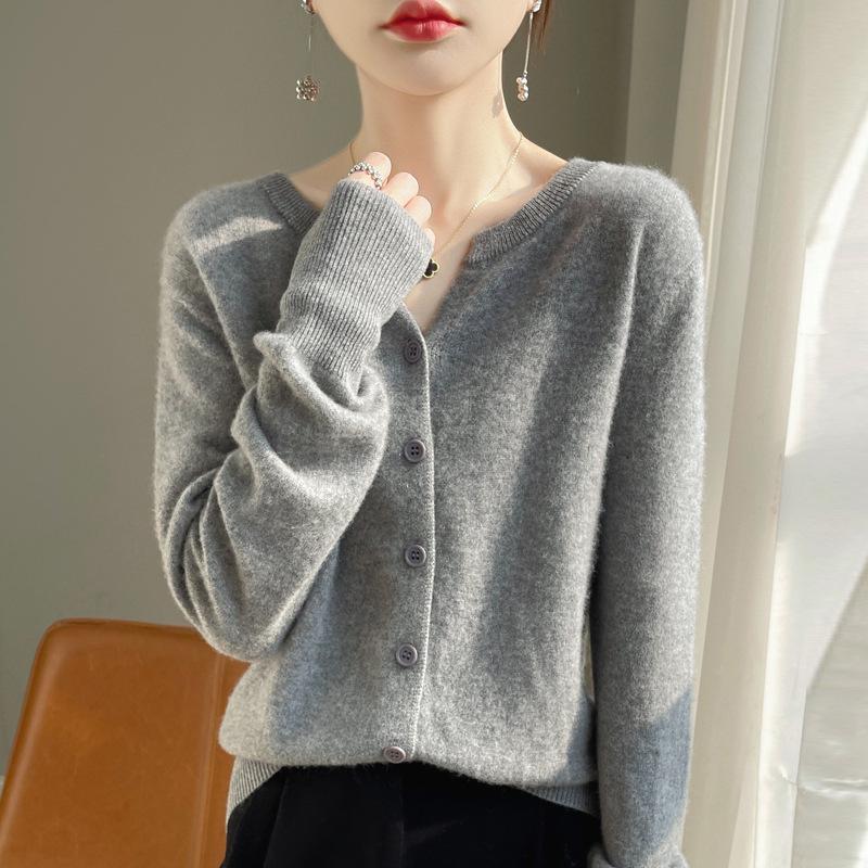 Женский кашемировый кардиган с V-образным вырезом 2024 года: Универсальный свитер с длинным рукавом на весну и осень