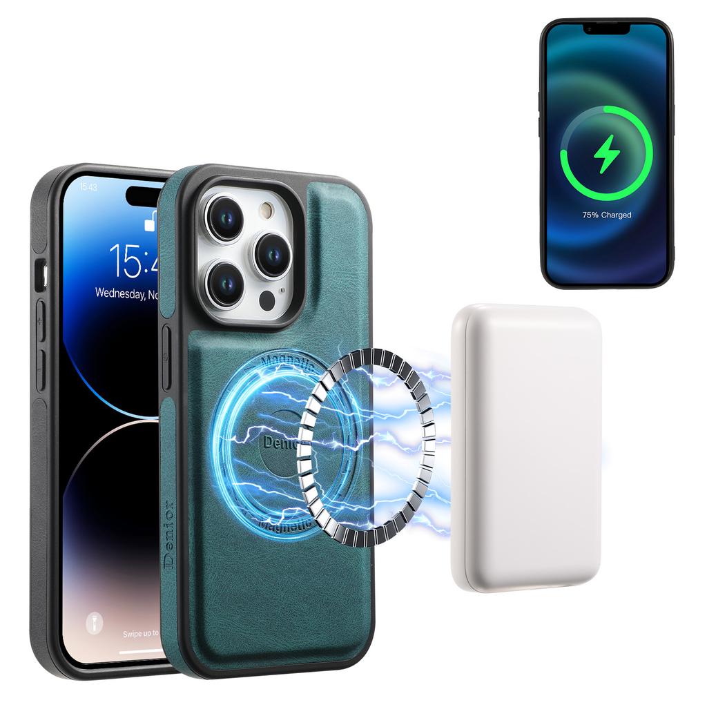 DENIOR D17 For iPhone 15 Pro Magnetic Case Leather Back Cover Detachable Card Bag Kickstand