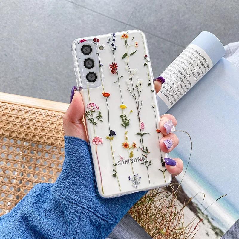 Милый Чехол для Телефона с Рисунком Цветов для Samsung S25 S24 S22 S21 FE Ультра Прозрачные Силиконовые Чехлы для Samsung Galaxy S23 Plus Ultra