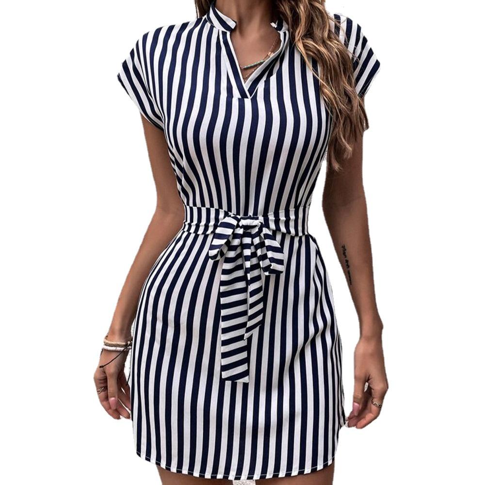 GMXIA Женская мода лето весна полосатый принт уздечка без рукавов с v-образным вырезом тонкие повседневные платья