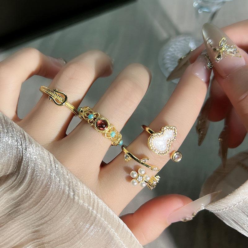 Vintage court style high-end gourd fingertip colorful flower pearl ring femininity mix and match fashion index finger ring