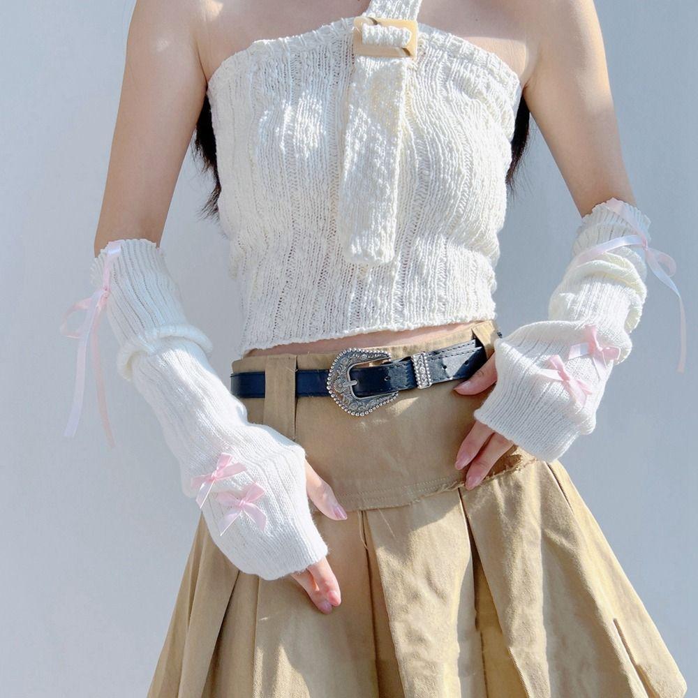 Бантик Балетный Стиль Бант Вязаные Митенки Эластичные Перчатки без Пальцев Y2K Теплые Рукава Лолита