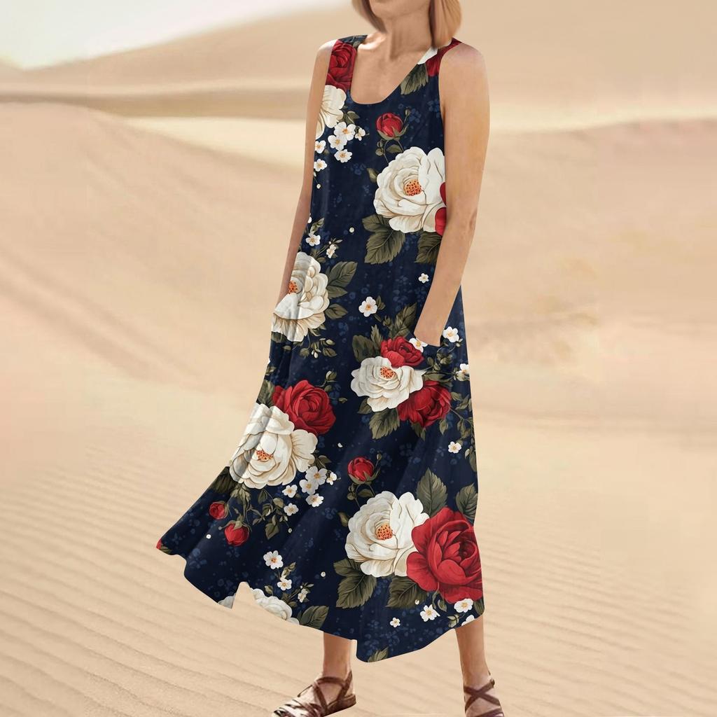 Женское летнее повседневное модное платье без рукавов с круглым вырезом и карманом с цветочным принтом