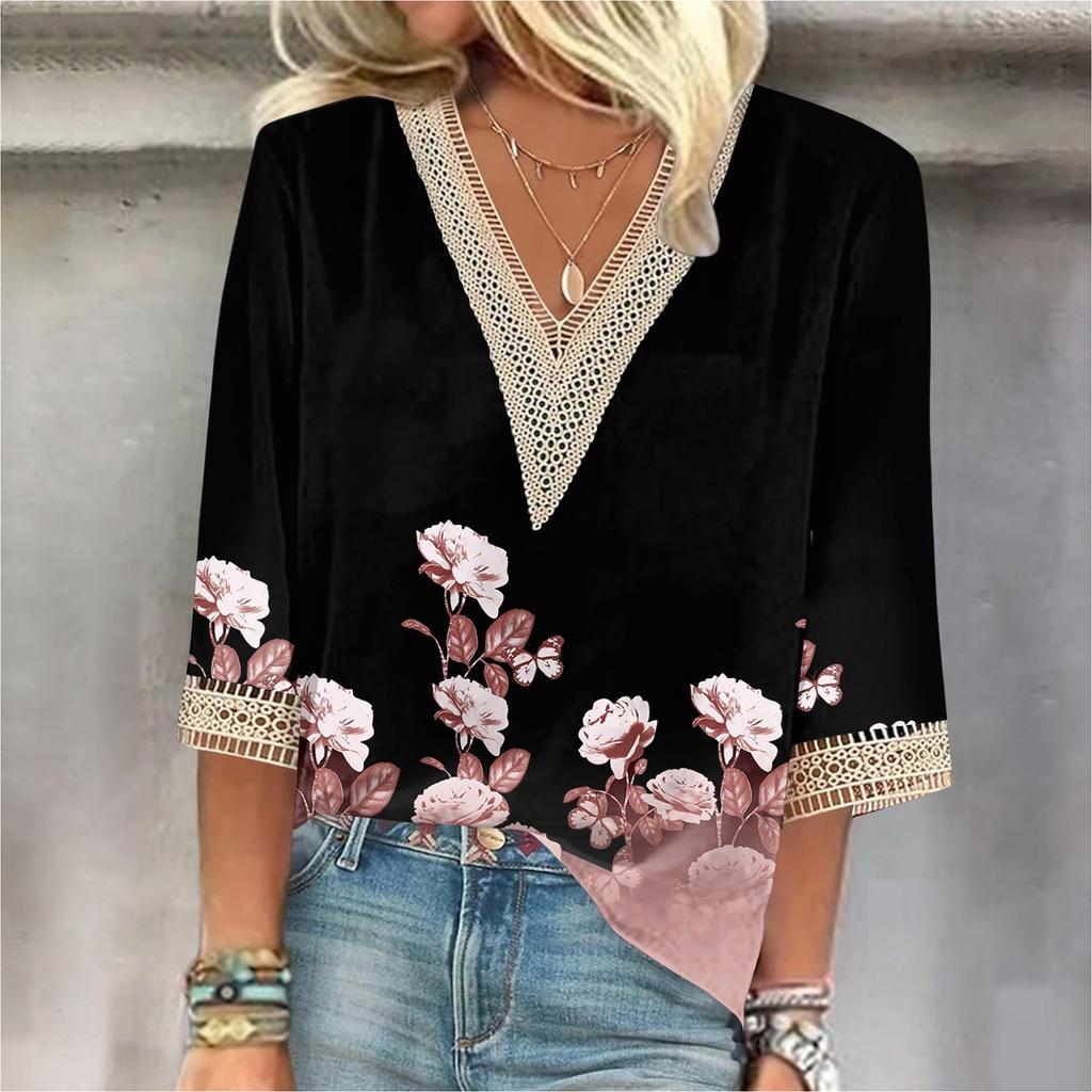 Women's Shirt Blouse Casual Loose Shirts 3/4 Sleeve Lace Trims Print V Neck Tops Print Tops T-shirts Tee