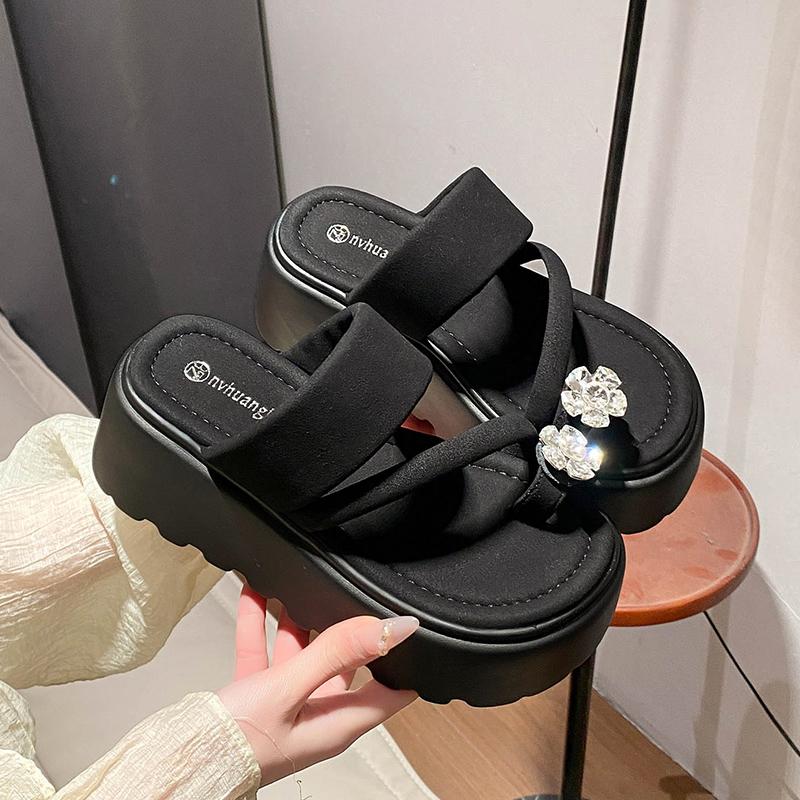 Модные летние хрустальные шлепанцы на платформе 7,5 см, женские модные шлепанцы-вьетнамки, сандалии, женские повседневные пляжные шлепанцы на массивной подошве, шлепки, обувь