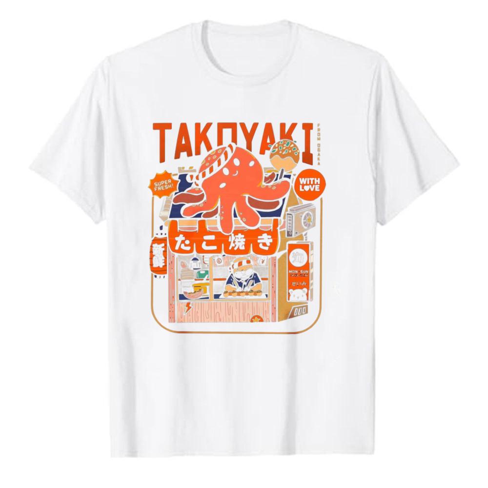 Vintage Takoyaki Japanese Food Stall Octopus Graphic T Shirt Retro Anime Style Cotton Loose Streetwear Casual Unisex Daily Tops