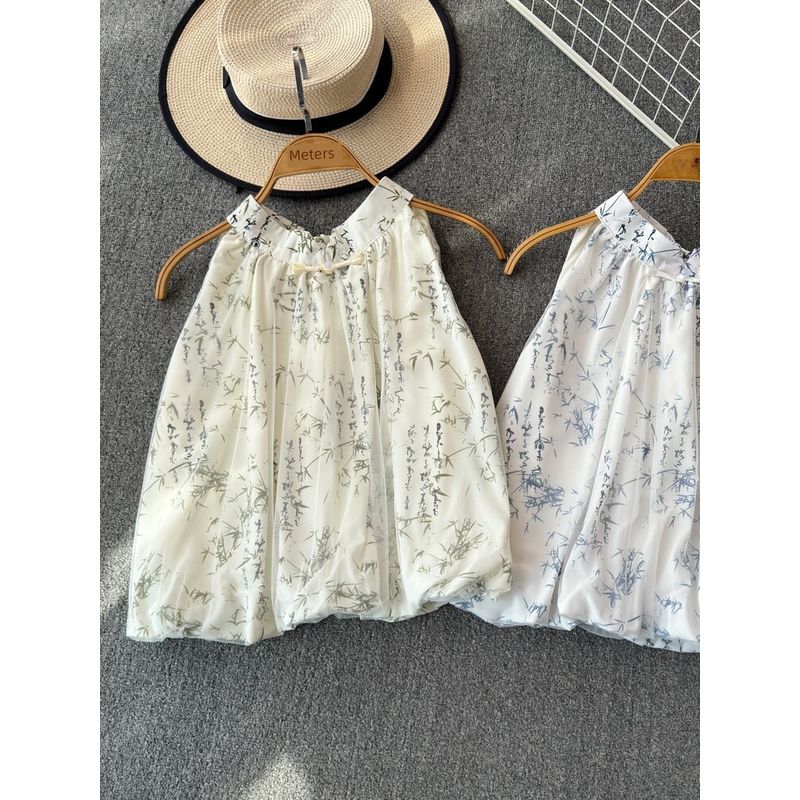 Graceful Bow Halter Lace-up Sleeveless Chiffon Blouses for Women Summer National Style Print Camisole Western Style Small Shirt