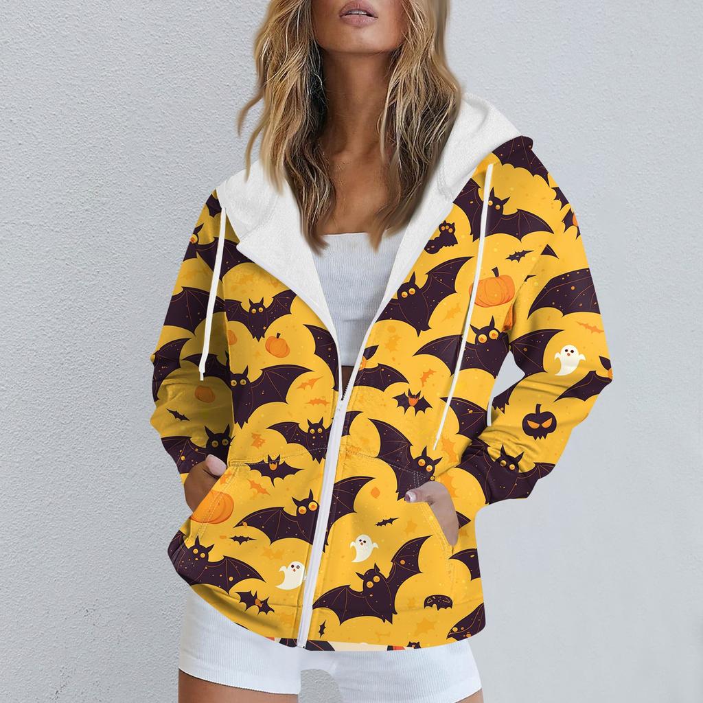 Женская повседневная спортивная одежда с принтом на Хэллоуин, осенне-зимняя куртка с капюшоном и длинными рукавами, с карманом на молнии