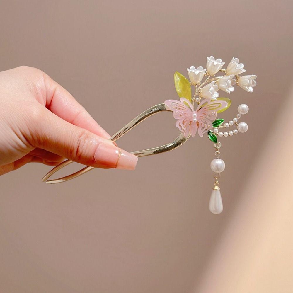 Vintage Pearl Tassel Hair Stick Elegant Chinese Hair Clip Butterfly Flowers Hairpin Hanfu