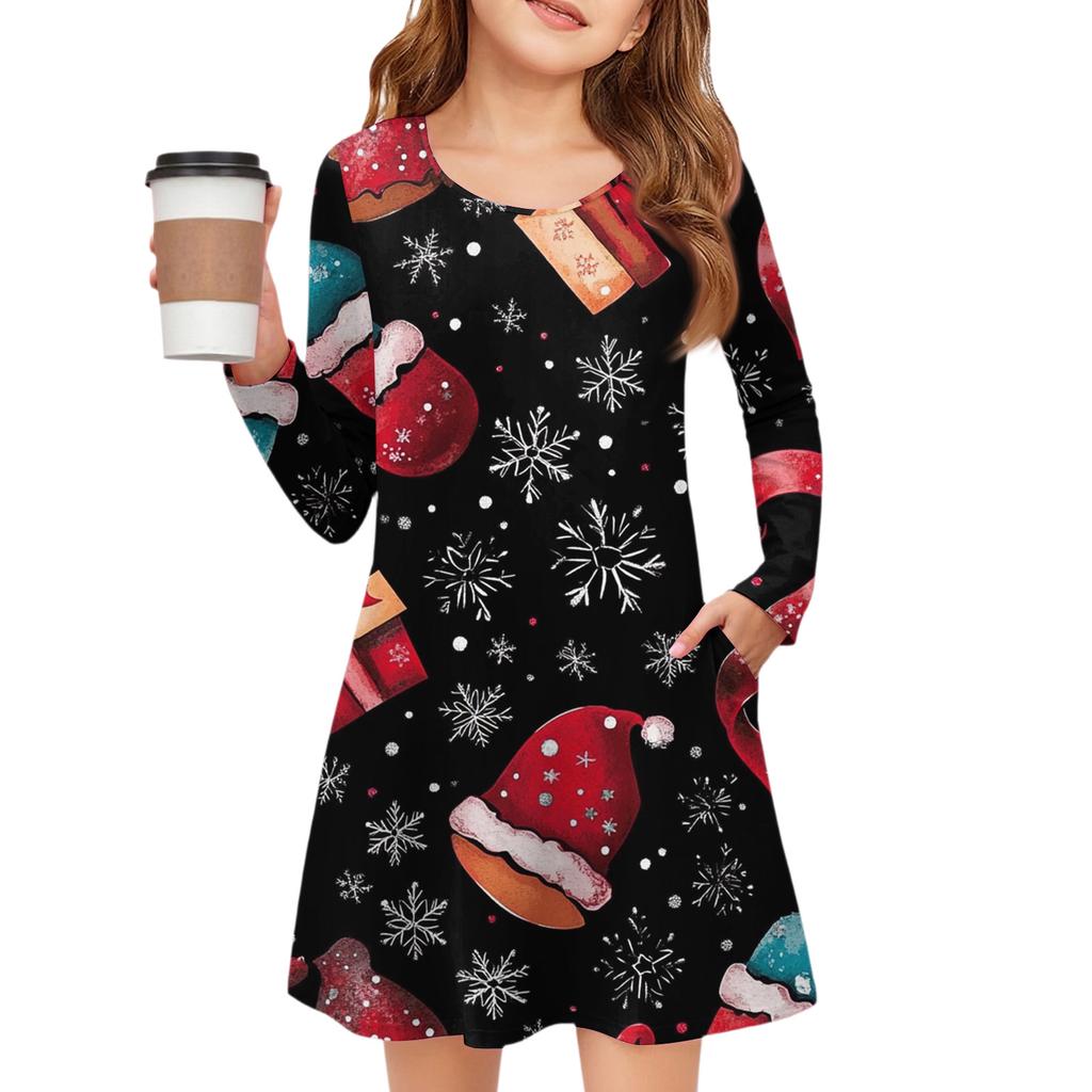 Christmas Day Girls' Long Sleeve Dress - Color Pocket Dress