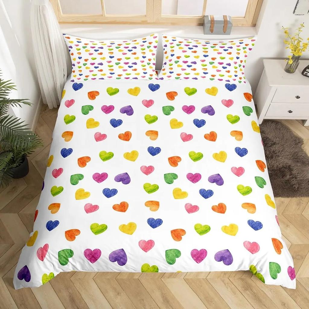 Red Valentine'S Day Rainbow Duvet Cover Twin Size,Cartoon Love Heart Bedding Set For Girls Women Moon Leaves Comforter Cover