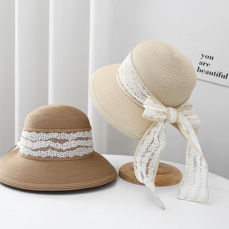 French sweet lace bow bucket hat women's summer sunshade streamer straw hat seaside vacation beach sun hat