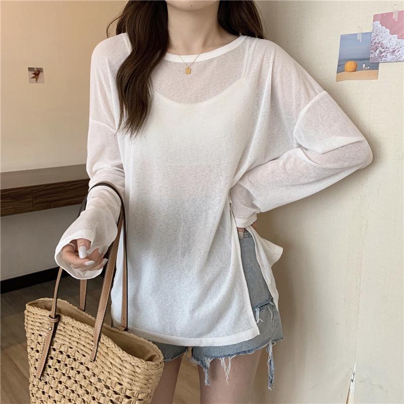 2025 Женская шикарная блузка цвета авокадо с длинными рукавами и солнцезащитным кремом с неровным разрезом