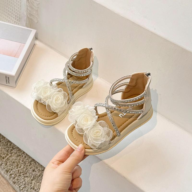 Сандалии принцессы для девочек с цветами Детские гладиаторские сандалии с высоким берцем на мягкой подошве Детские римские туфли со стразами 2024 года, лето, новинка