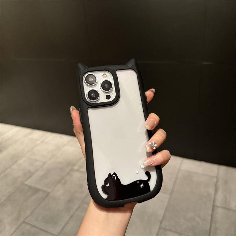 Cartoon Cat Ears Bezel Cute Little Black Cat Acrylic Phone Case for iPhone 15 Pro Max 14 Plus 13 12 Pro 11 All-inclusive Fall Protection Cover