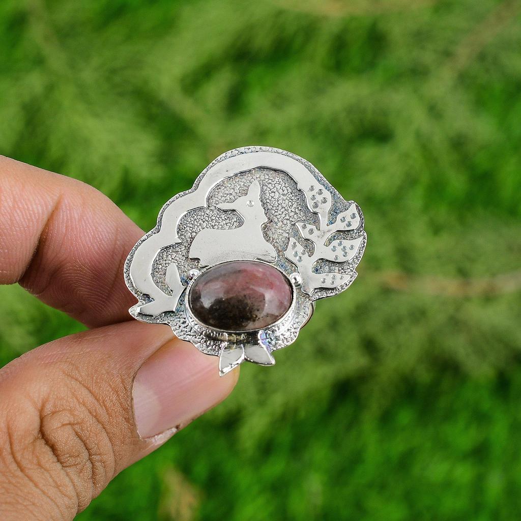 Mothers day Sale Rhodonite Gemstone 925 Sterling Silver Promise New Ring Jewelry