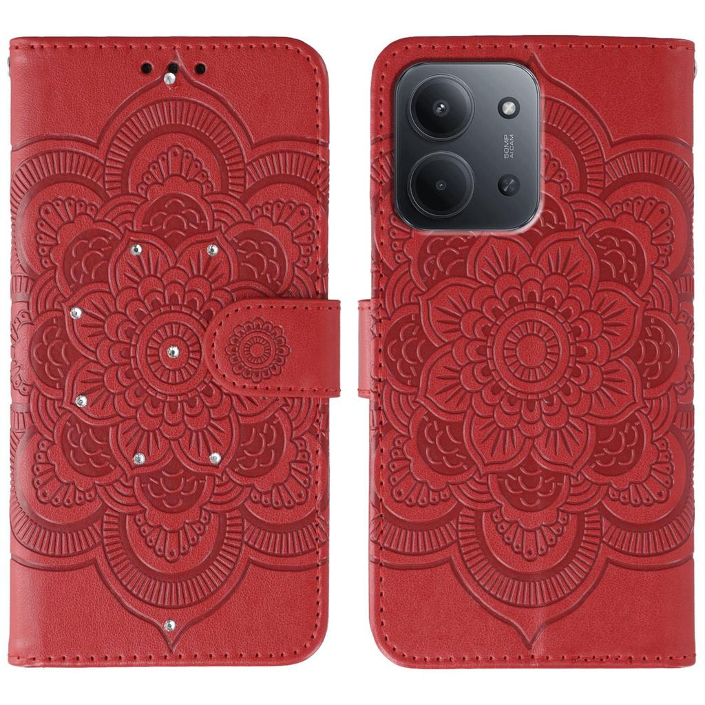 For Xiaomi Redmi 15C 5G (EU) (173mm)/15C 4G (EU) (173mm) Case Rhinestone Decor PU Leather Mandala Imprint Phone Cover with Wrist Strap