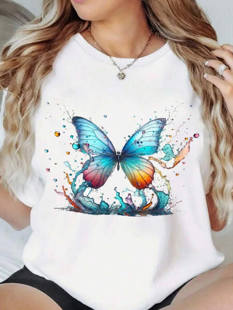(Asian Size) Print Fashion Female Tee Top Women trend butterfly letter Clothing T Shirt Woman Short Sleeve Graphic T-shirts