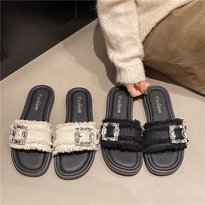 Французские сандалии на плоской подошве для пляжа, слово новый, интернет-знаменитость, шлепанцы, женские, летние, со стразами, маленькая ароматная мода