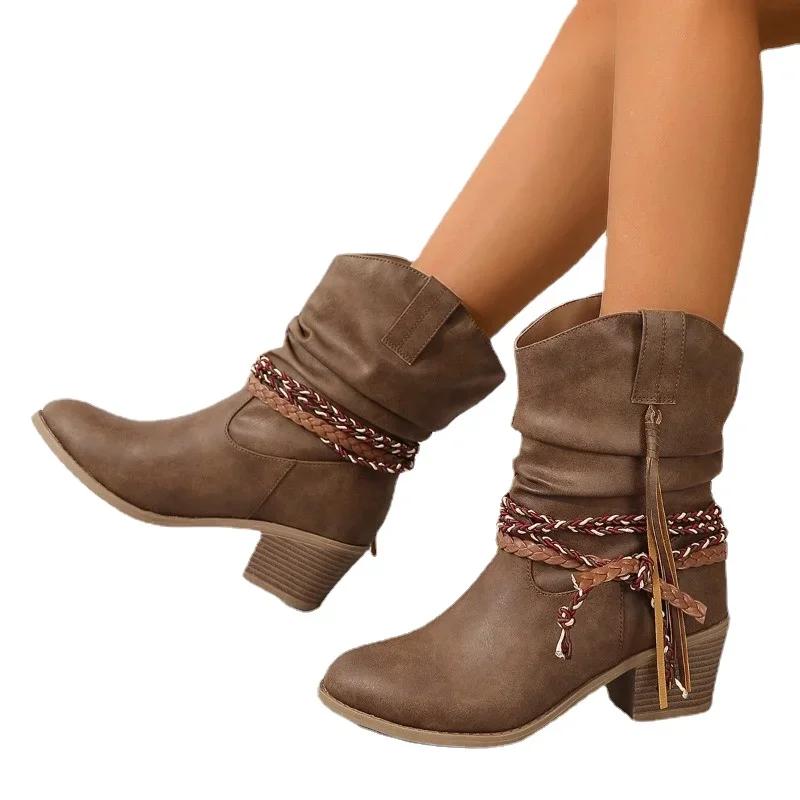 2024 Бренд Женская обувь Слипоны Женские ботинки Модные плиссированные Повседневные ботинки Женские Горячая распродажа Круглый носок Квадратный каблук Ботильоны