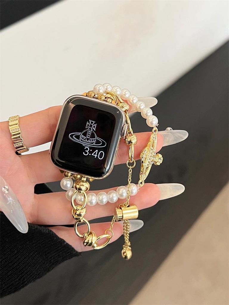 Элегантный металлический браслет королевы-матери для Apple Watch 10, 9, SE, 8, 7 — с цепочкой из 654 бусин.