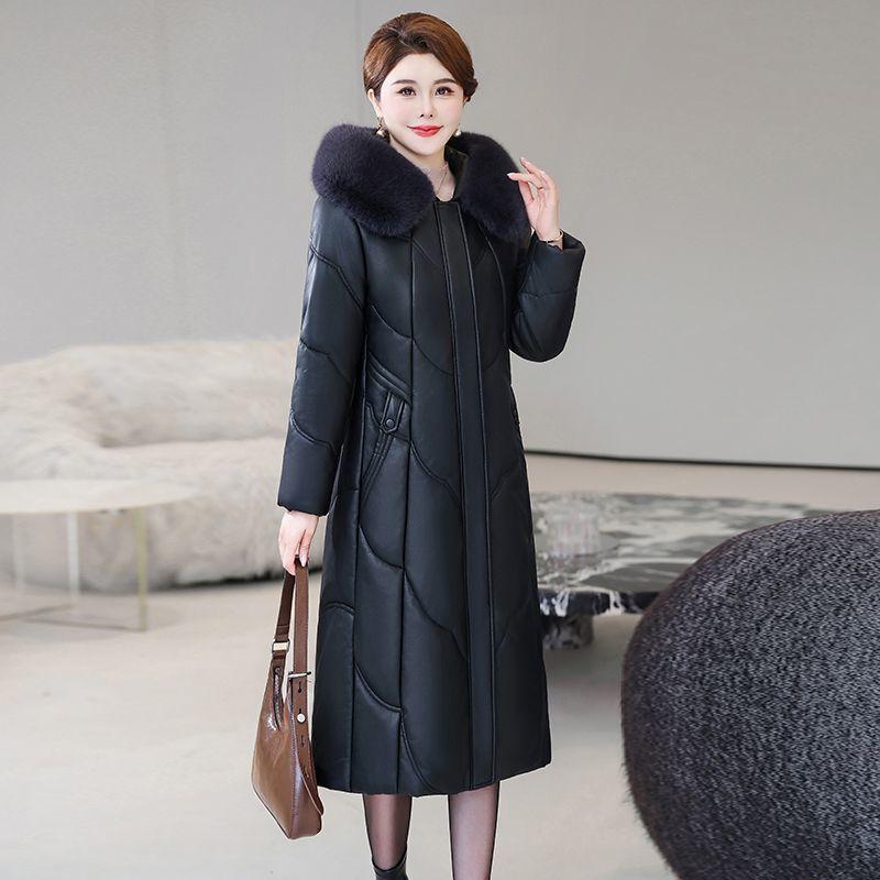 Зимняя женская куртка из натуральной кожи, длинная до колена, пальто из овчины с подкладкой, утолщенное, ветрозащитное, теплое, пальто из верблюжьей шерсти