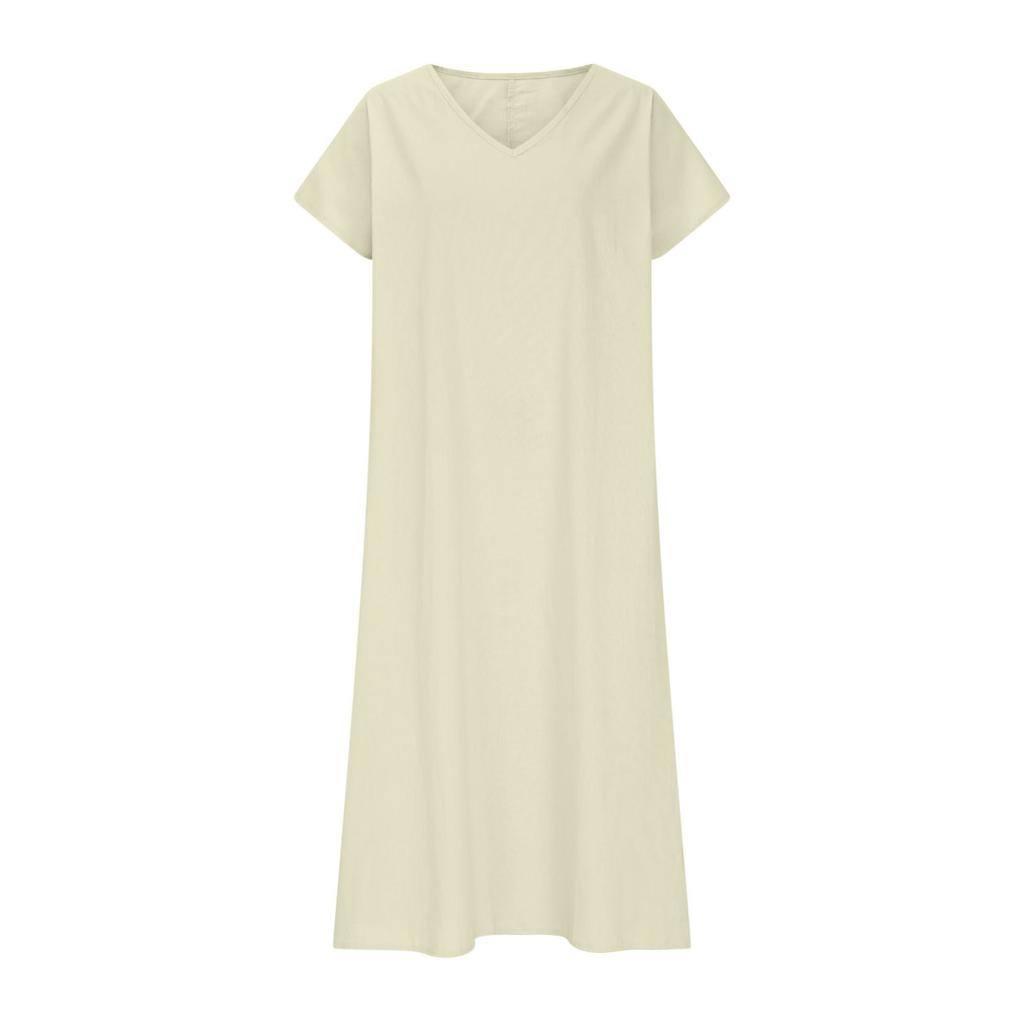 Fashion Women's Solid Color V-neck Long Dress Loose